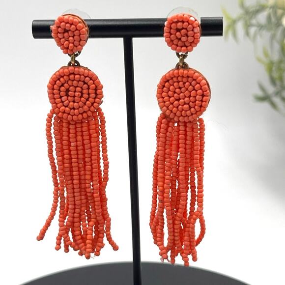 J. Crew Beaded Light Coral Orange Tassel Fringe Long Summer Spring Earrings - Picture 1 of 8